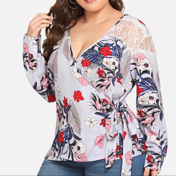 ➕ Floral Print Deep Plunge Neck Top - Picture 5 of 6
